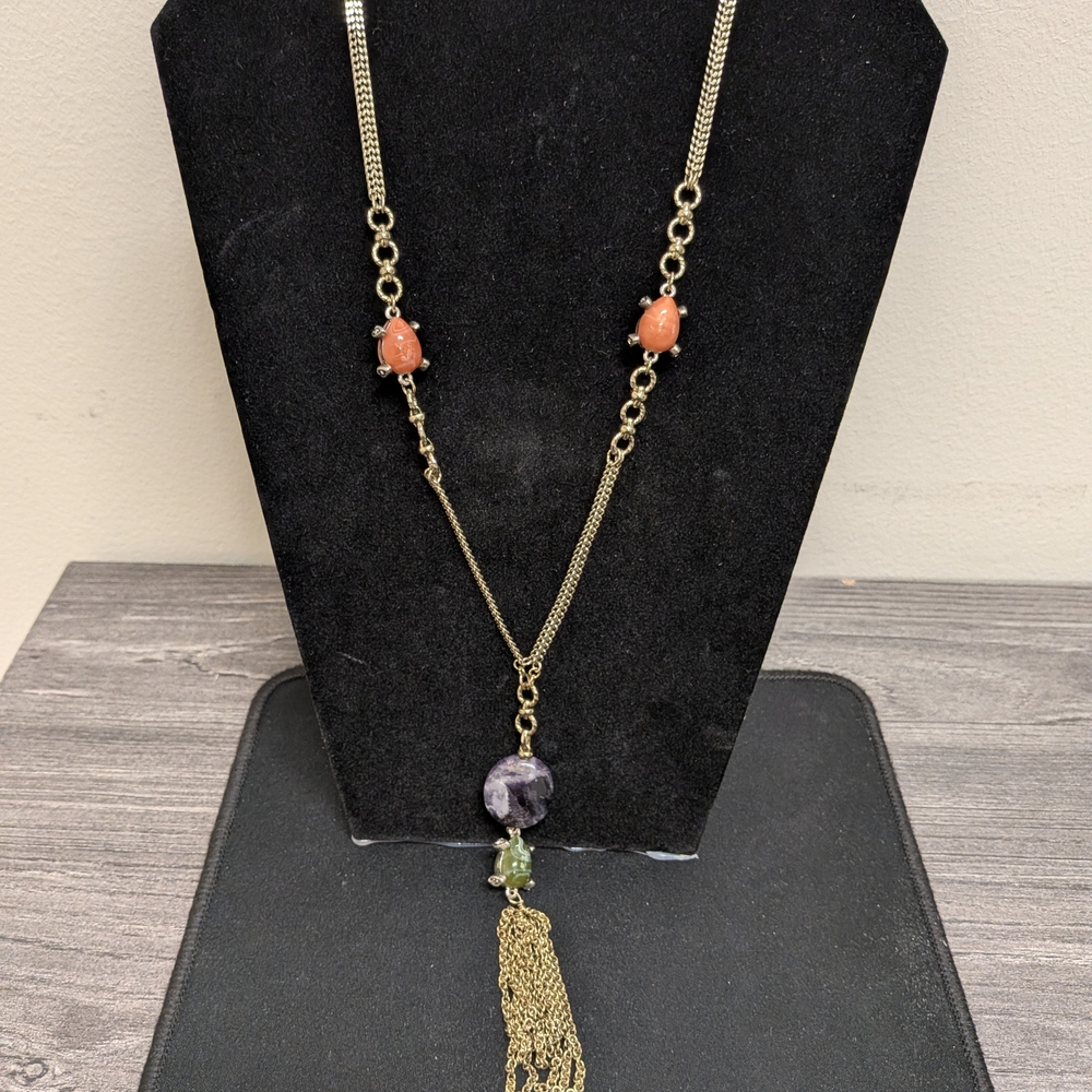 Ann Taylor Gold Tassel Necklace with Amethyst And Agate